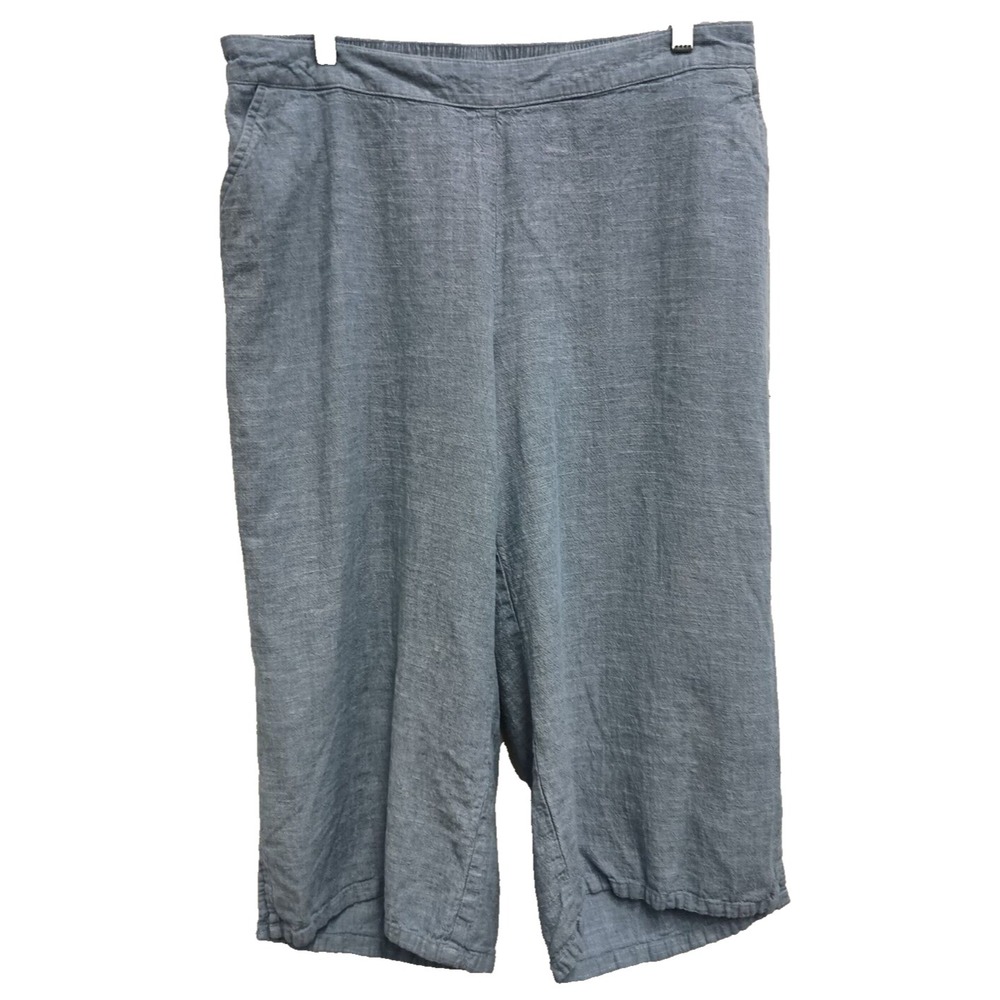 Catherines Capri Pants‎ Womens 0X Blue Linen Blend Crop Beach Coastal High Rise